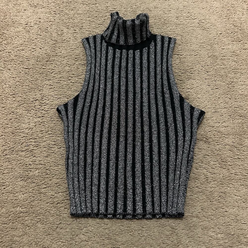 Cinq à Sept "Cielo" Metallic-Striped Turtleneck Tank Top Size Medium